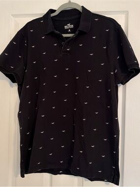 Hollister Black Polo with Small White Seagull Print